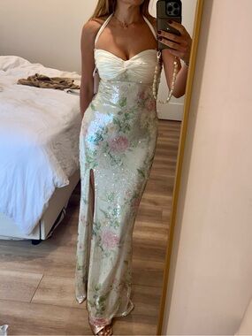 Glamorous Strapless Sequin Floral Evening Dress in Ivory- Love Shack Fancy vibes